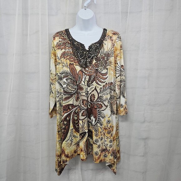 Simply Emma Brown Yellow Peasant Tunic Blouse Floral Boho Festival Beaded 1X - Picture 1 of 12